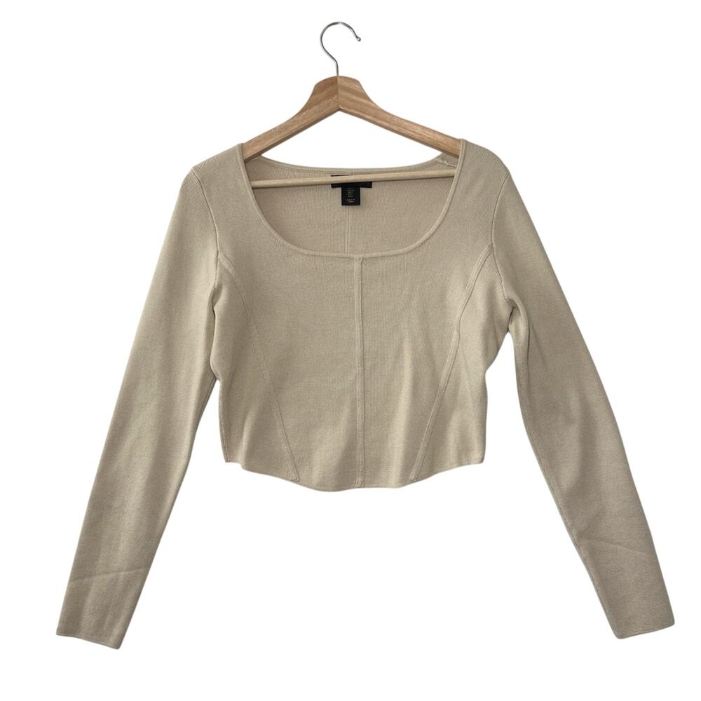 House of Harlow 1960 Cropped Knit Corset Style Top Long Sleeve Cream Sz L